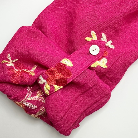 Fig & Flower Floral Embroidered Blouse Tunic L Fuchsia Pink Button Down - Picture 9 of 13